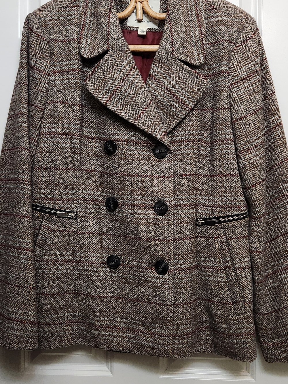 Womens Brown/Wine Plaid Double-Breasted Wool Blend Peacoat, XL.
